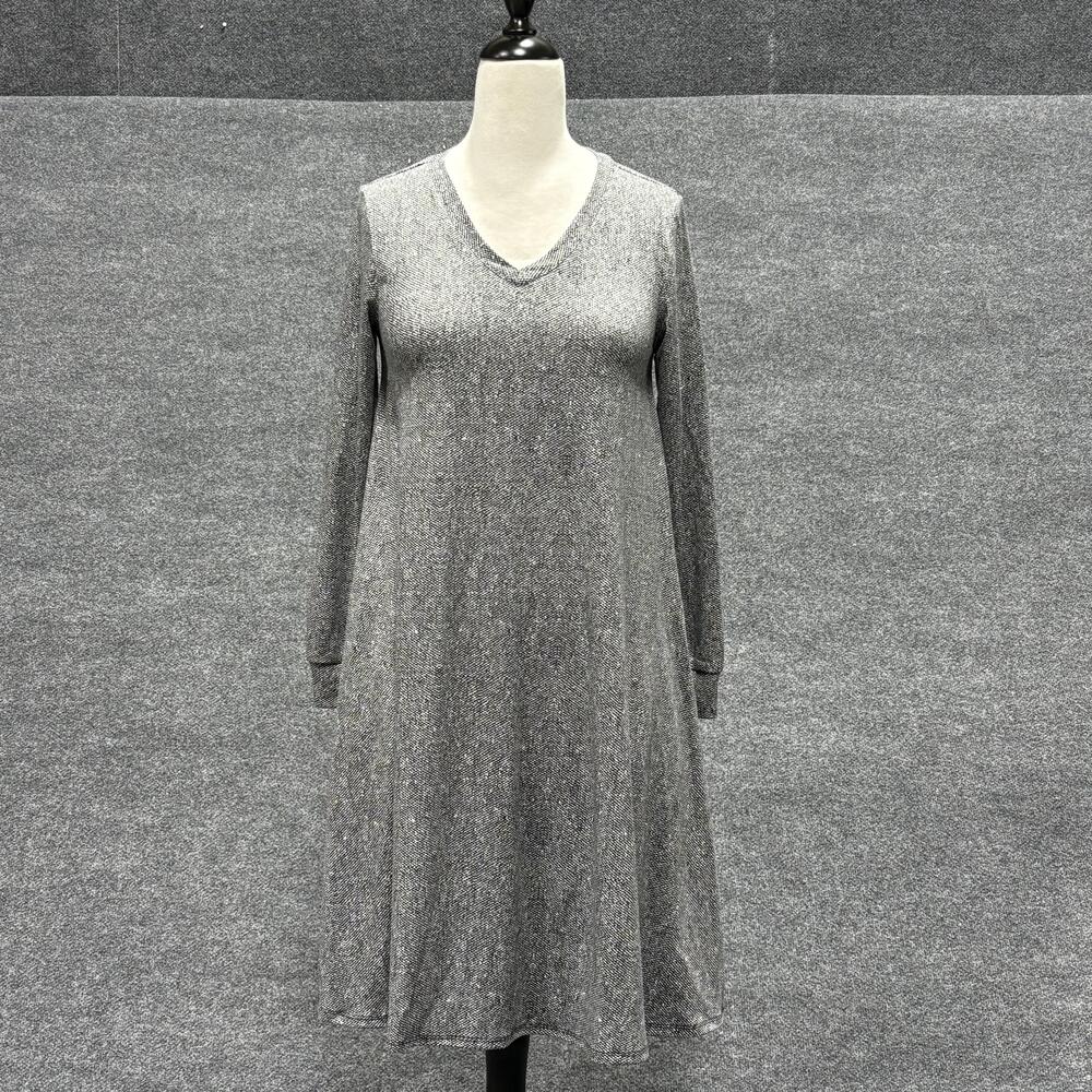 LuLaRoe Emily Dress Womens XXS Gray Black V-Neck Long Sleeve A-Line Stretch Knit